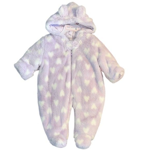 Duck Duck Goose Other - Duck duck goose Purple faux fur snowsuit footie hoodie size 3-6 Months NWT